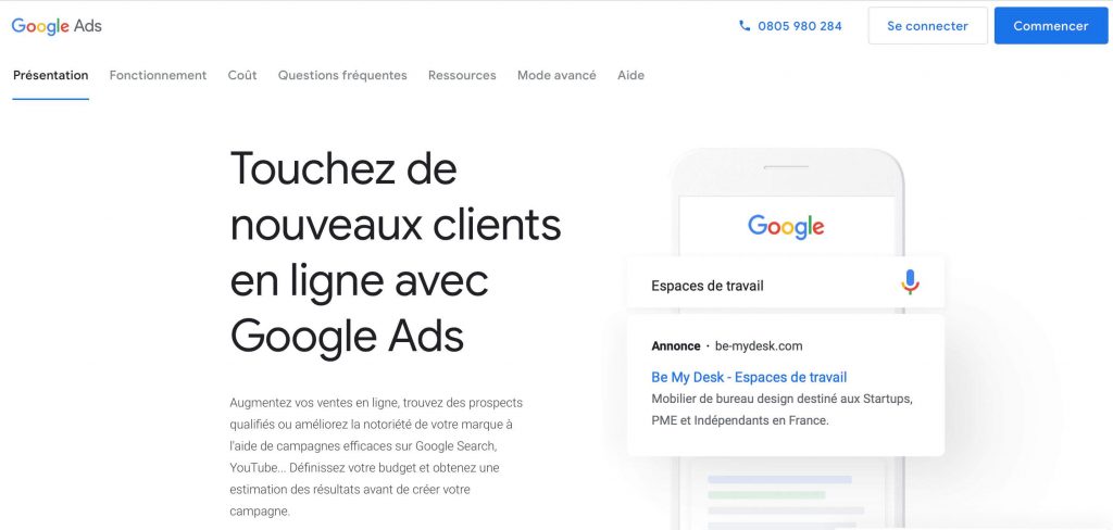 Page d'accueil Google Ads