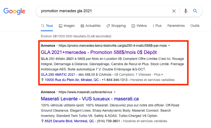 Annonce Google Ads sur le Réseau de Recherche