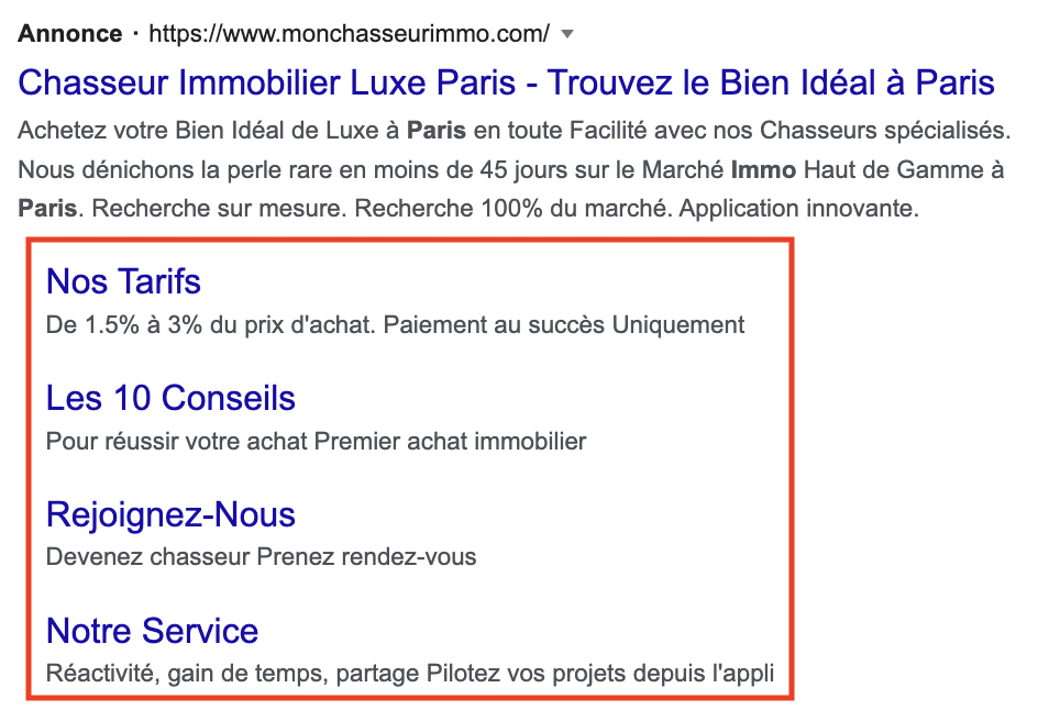 Extension Google Ads pour les liens annexes