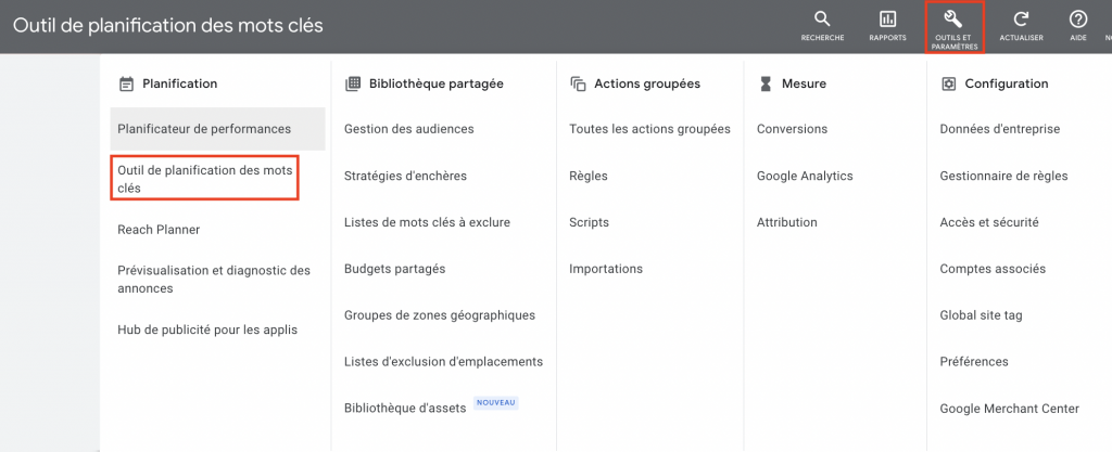 Mots-clés Google Ads